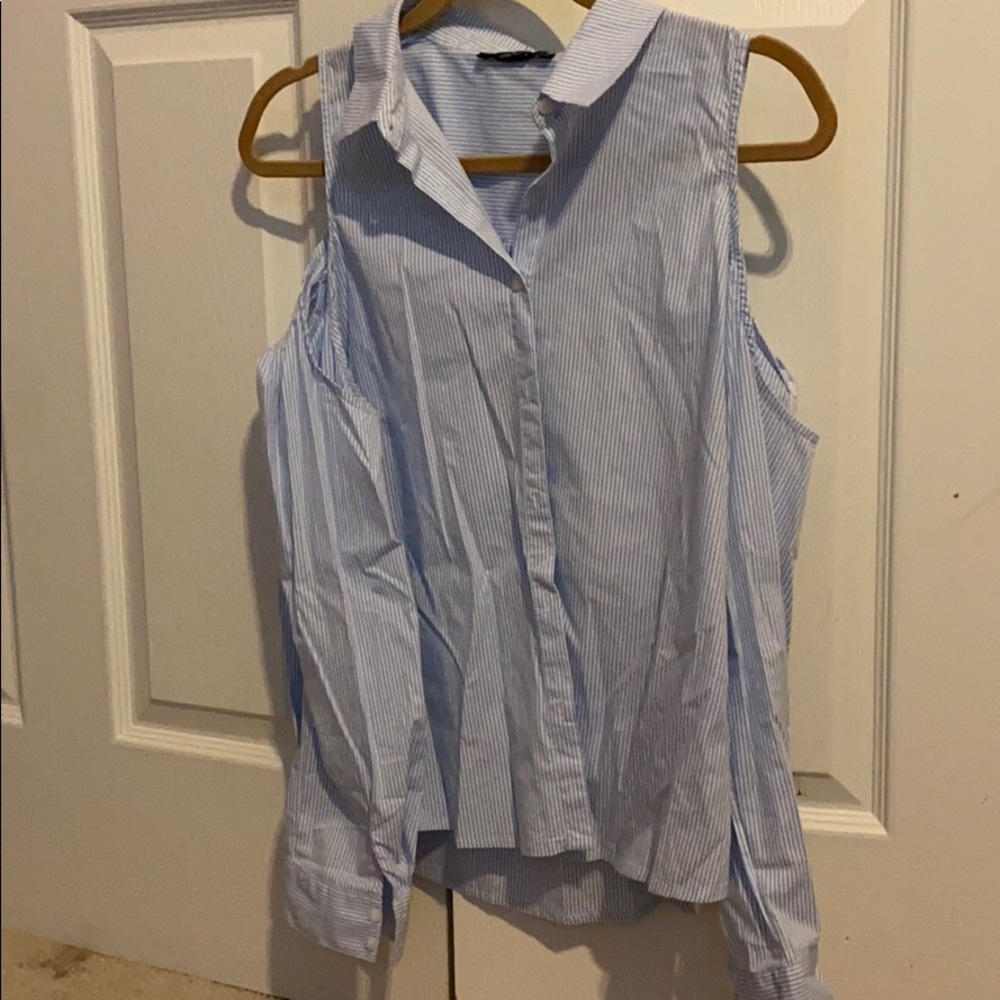 Blue and white stripe cold shoulder top
